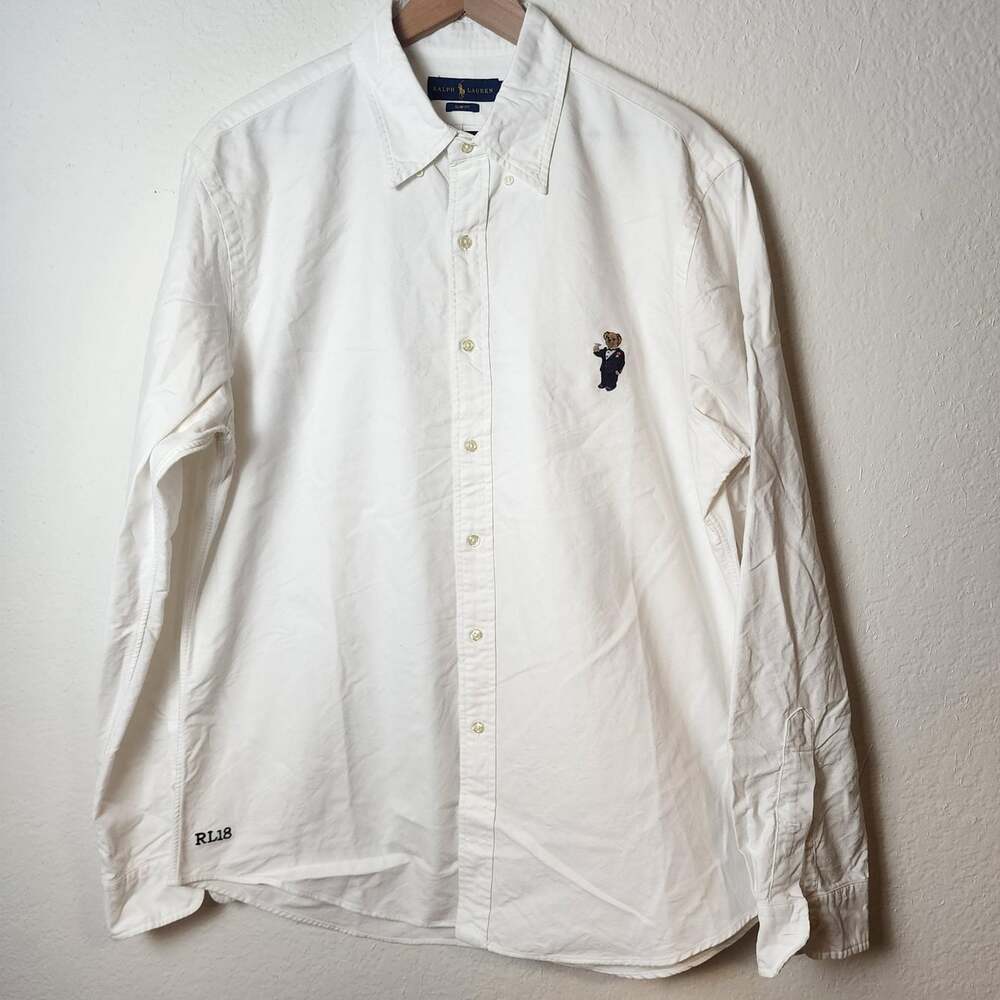 Ralph Lauren Shirt Men XL White Bear Slim Fit ButtonDown Embroidered Cocktail